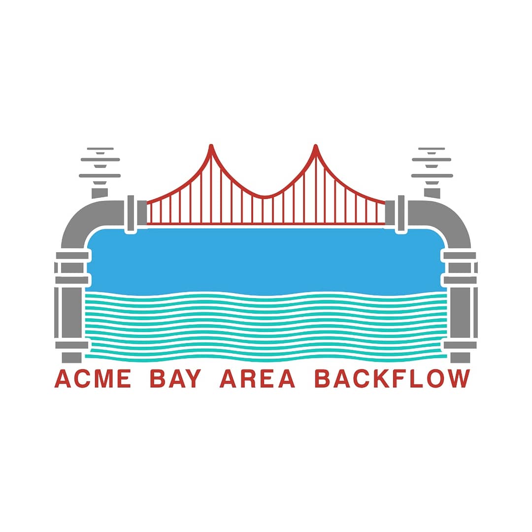 A logo for ACME Bay Area Backflow featuring a red Golden Gate Bridge inside a gray water pipe, with flowing blue and green water lines below and the company name written in red text.